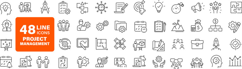 Obraz na płótnie Canvas Project management set of web icons in line style. Business or organisation management icons for web and mobile app. Time management, planning, project, startup, marketing. Vector illustration