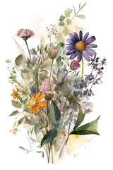 Watercolor wildflowers bouquet on white background. Greeting card, invitation template.