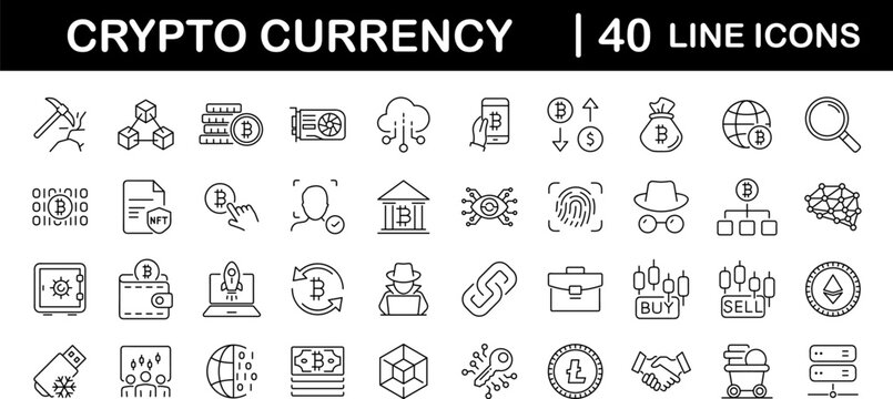 Cryptocurrency set of web icons in line style. Crypto technology and Blockchain icons for web and mobile app. Crypto currency, bitcoin, NFT, technology, decentralized finance, encryption, token