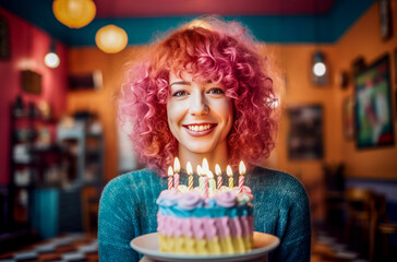 Vibrant 25 year old woman with red curly hair holding a colourful birthday cake.