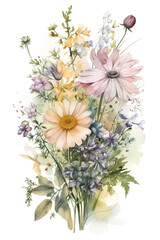 Watercolor flowers bouquet on white background. Botanical illustration.
