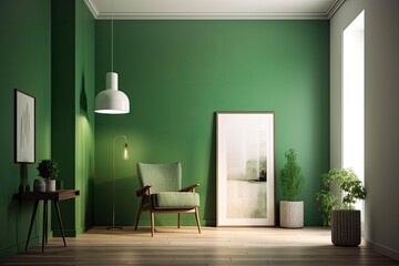 Interior design of a contemporary room with a green wall, a chair, plants, a lamp, and pictures. Generative AI