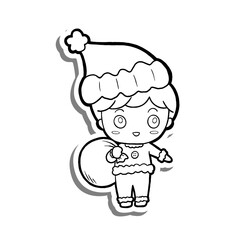 Black line Santa Boy in Christmas. Hand drawn cute cartoon festival holiday. Doodle for coloring, decoration or any design. Vector illustration of kid.