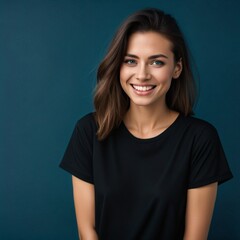 Fototapeta premium Photo of a smiling women wearing black T Shirt , isolated blue background
