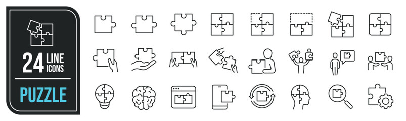 Puzzle minimal thin line icons. Related jigsaw, strategy, solutions, problem solving. Editable stroke. Vector illustration.