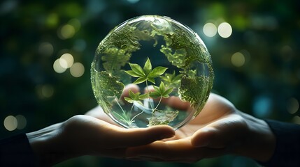Climate protection Illustration with a glass globe carried by hands, green trees, sustainable environment concept