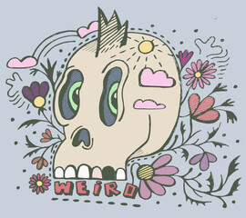 Weird. Vector decorative illustration of skull among flowers.