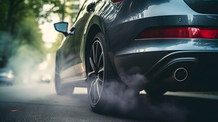 Une voiture pollue en ville avec ses gaz d'échappement
