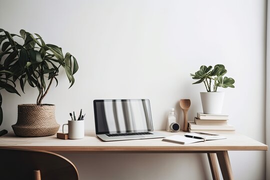 cropped image of a simple workspace with a laptop, a planter, and a coffee cup on a white table. Generative AI