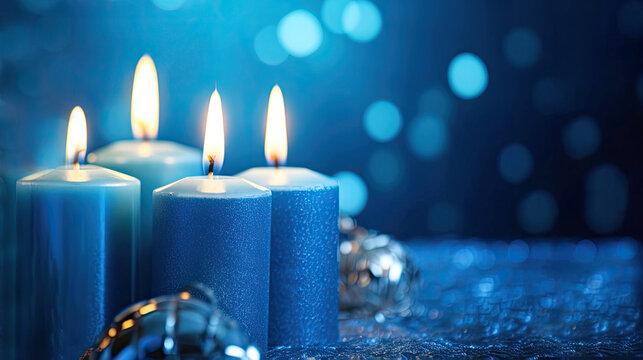 Four blue Advent candles. Christmas time, Advent season. Flickering flames cast soft, inviting glow, illuminating scene with sense of hope and joy. Banner with copy space