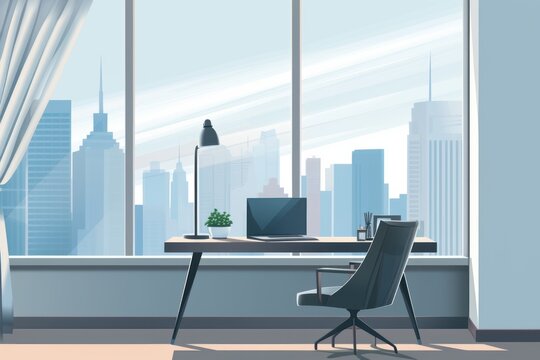Contemporary empty office interior cartoon style illustration. Corporate room with big windows on cityscape background