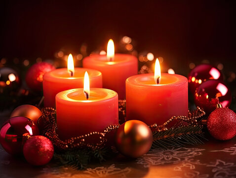 Four red Advent candles within lush evergreen branches. Christmas time, Advent season. Flickering flames cast soft, inviting glow, illuminating scene with sense of hope and joy. AI generated