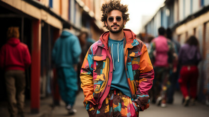 Obraz premium fashion woman colorful, the bold eclectic fashion styles of the Y2K era. dressed in the latest fashion trends of the time, including chunky shoes, low-rise pants, crop tops, and oversized sunglasses