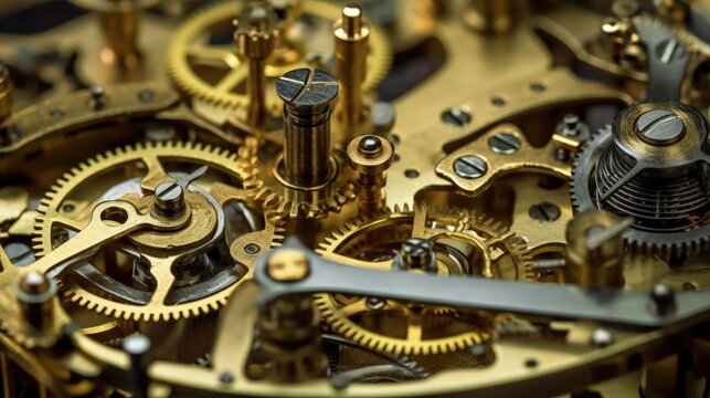 Concept of transience, the ephemeral nature of time, illustration, close-up of mechanism of antique clock, gears and cogs in clockwork watch. AI generated