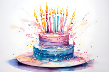 Birthday cake with candles watercolor illustration isolated on white background created with Generative AI technology
