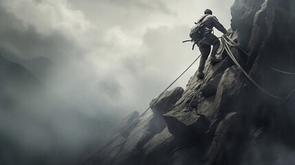 Disciplined and motivated man climbing the mountain with hands and rope gray sky with white ligtenings and a storm - obrazy, fototapety, plakaty
