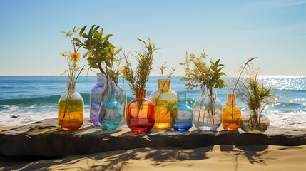 decorated glass bottle in the beach