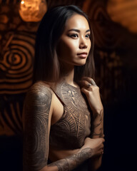 A tattoo Asian model with intricate Dayak inspired body art poses in front of a dark background, evoking a sense of tribal mystery and allure. generative AI
