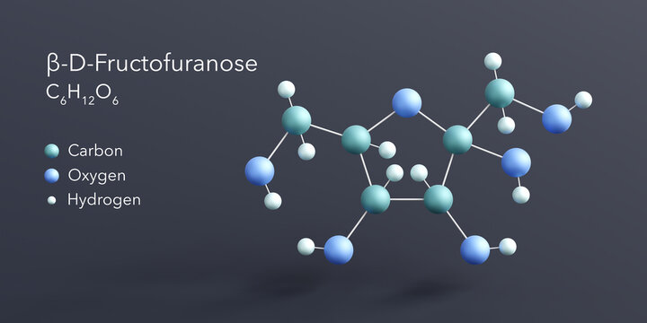 fructose molecule 3d rendering, flat molecular structure with chemical formula and atoms color coding