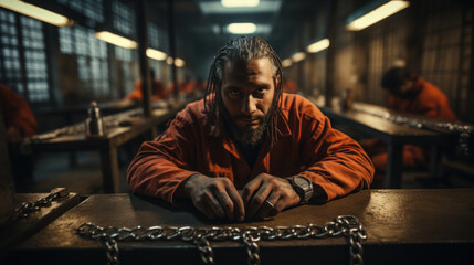 Obraz premium Prisoner with chains in his hands sitting in cell.