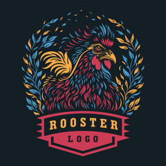 Rooster logo design vector image. A colorful rooster framed by leaves on a black background. Chicken logo template