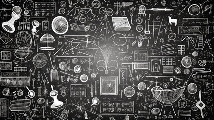 abstract mathematical physical formulas and calculations are written in chalk on a blackboard, texture overlay layer. - obrazy, fototapety, plakaty