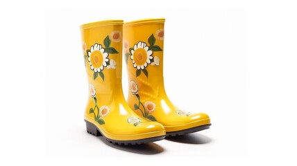 yellow rubber boots with flowers isolated on a white background.