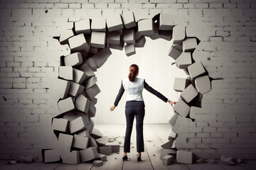 An image of a businesswoman's full body in front of a brick wall with a broken mirror effect, giving the illusion that she has shattered the wall. generative AI.