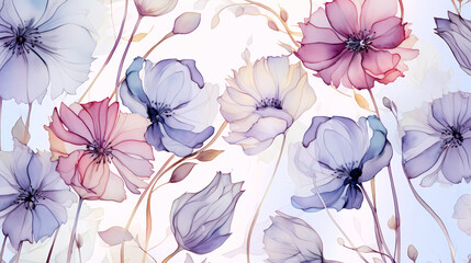 Watercolor transparent floral wallpaper background.  Alcohol ink flowers with a white background.  Wallpaper for crafts, art projects, scrapbooks.  
