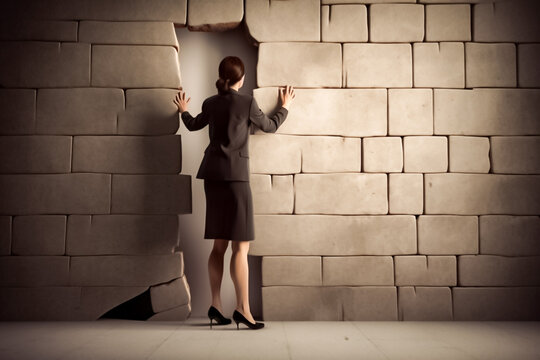 An image of a businesswoman's full body in front of a brick wall with a broken mirror effect, giving the illusion that she has shattered the wall. generative AI.