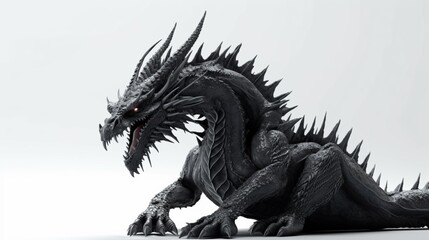 Black dragon in a white background.Generative AI