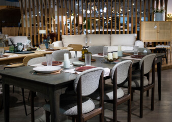 Large dining table for the living room. Chairs, table, dishes and decorative elements.