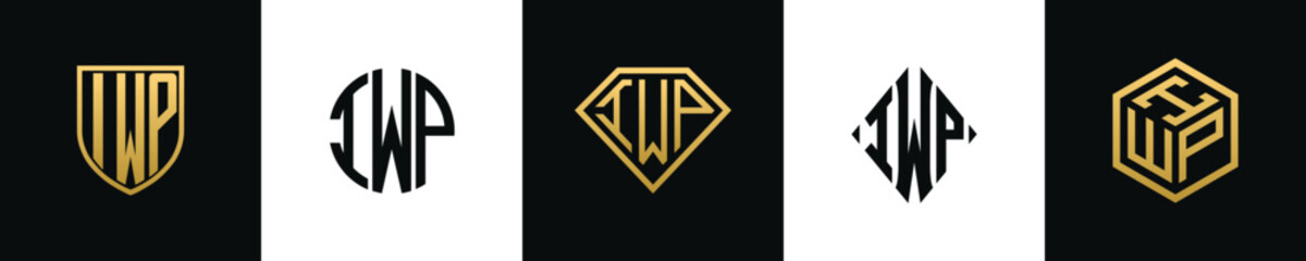Initial letters IWP logo designs Bundle. This collection incorporated with shield, round, diamond, rectangle and hexagon style logo. Vector template