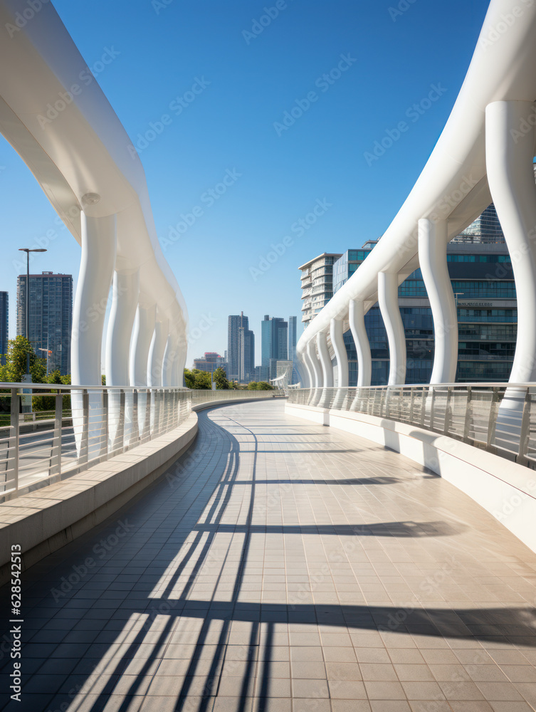 Poster empty pedestrian walkway with city background