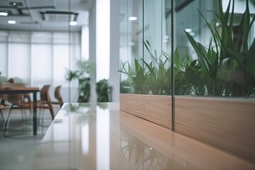 Defocus Office plant and glass wall in the lobby area. Generative AI