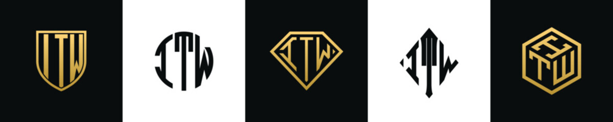 Initial letters ITW logo designs Bundle. This collection incorporated with shield, round, diamond, rectangle and hexagon style logo. Vector template