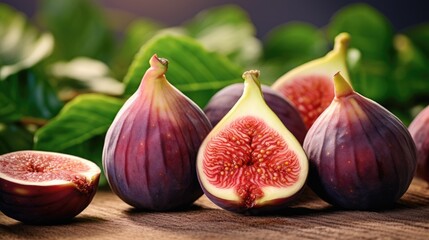 
Fresh figs with leaves on wooden table. 
