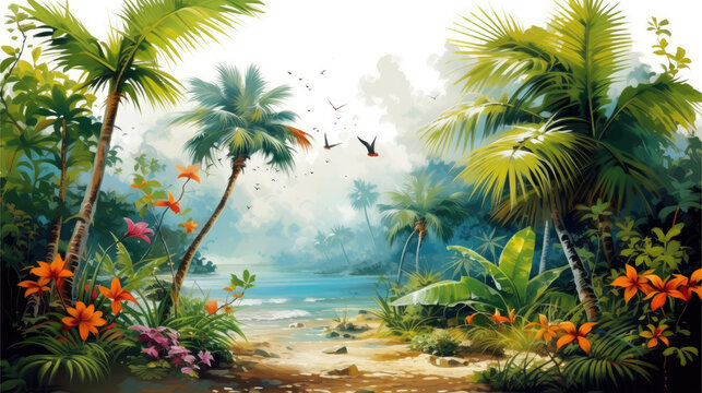 Horizontal background with awesome tropical forest and the sea in digital paiting style. For banners, flyers, covers and other summer projects.