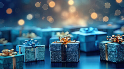 Captivating festive scene with shimmering blue gift boxes set against a stunning blue gradient...