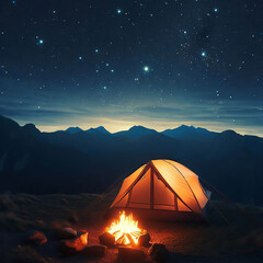 Fototapeta na wymiar a tent with a campfire outside in the mountains on a beautiful night with constellations in the sky