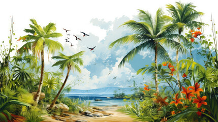 Fototapeta na wymiar Bright landscape with awesome tropical forest, the sea and mountains in digital paiting style. For banners, flyers, covers, wallpapers and other summer projects. 