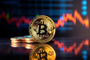 Bitcoin and cryptocurrency concept on digital graphic background. Generative Ai