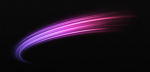 Magic sparkling comet. Shiny curve trail on a transparent background. Glowing wavy lines effect.