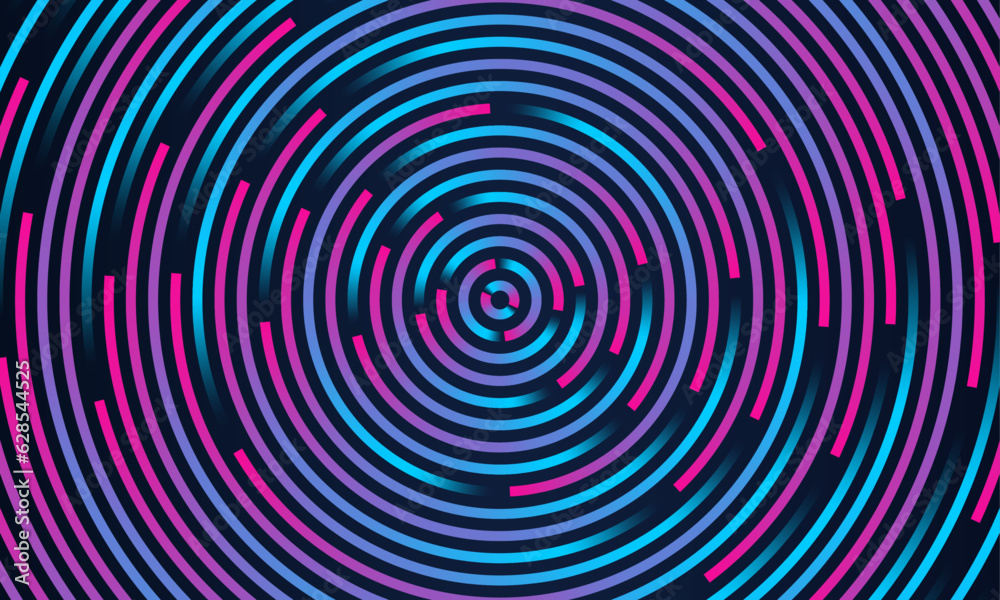 Poster Abstract background with circle line pattern spin blue pink glitch light isolated on black background in the concept of music, technology, digital
