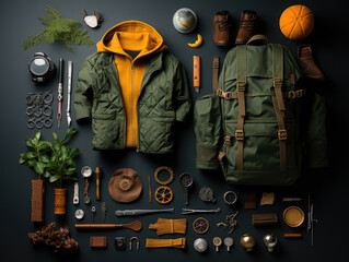 A variety of items ld out on a table. Outdoor and adventure clothing brand, various items, knolling, top view, flat lay overhead.