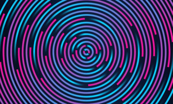 Abstract background with circle line pattern spin blue pink glitch light isolated on black background in the concept of music, technology, digital