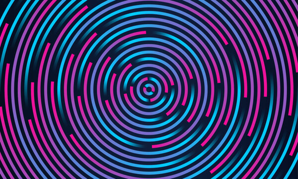 Abstract background with circle line pattern spin blue pink glitch light isolated on black background in the concept of music, technology, digital