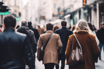 Crowd of people walking on busy street moving fast through city center.