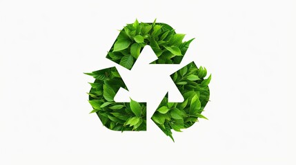 Green recycle symbol made out of leaves, nature's elements on white background. Banner with copy space. - obrazy, fototapety, plakaty