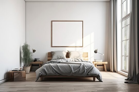 Front view of a bedroom with a wooden floor, a large window, and a chair with two posters above it next to the bed. the mock up. Generative AI